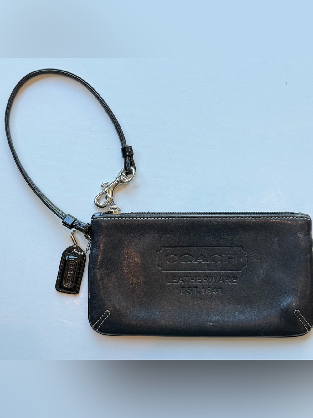 Coach Leatherware Est 1941 Black Leather Wristlet Wallet Small Clutch Stitching